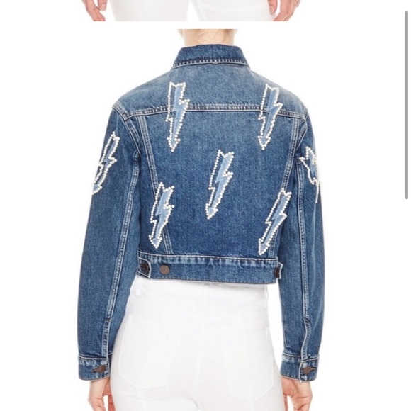 Sandro Pearl Lightning Bolt Cropped Denim Crop Jean Jacket - Picture 12 of 13